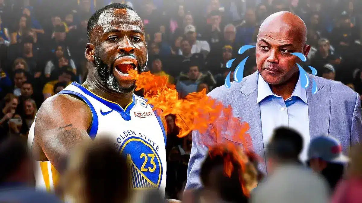 Warriors' Draymond Green with fire coming out his mouth. Charles Barkley with animated tears