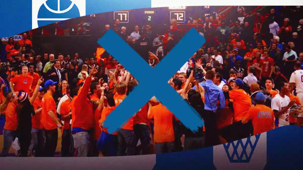 Court storming in basketball with an X over it.