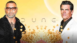 Dune: Part Two stars Dave Bautista and Josh Brolin with logo and popcorn.
