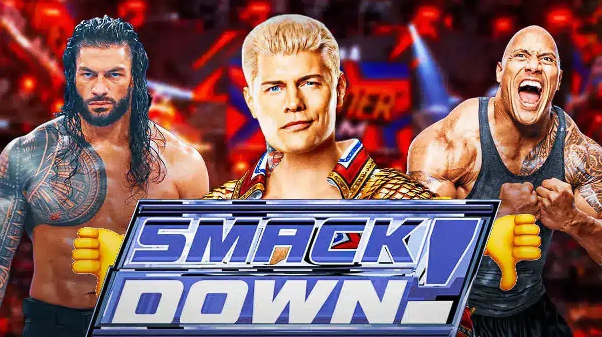 Roman Reigns, Cody Rhodes, and Dwayne Johnson with thumbs down images and the SmackDown logo