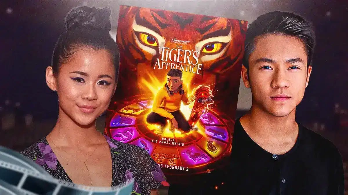 Leah Lewis and Brandon Soo Hoo with The Tiger's Apprentice poster.