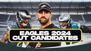 Philadelphia Eagles' coach Nick Sirianni in middle of image, with Eagles CB Darius Slay on left of image and Eagles LB Haason Reddick on right of image. Please add text graphic “Eagles 2024 Cut Candidates” on bottom of image.
