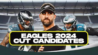 Philadelphia Eagles' coach Nick Sirianni in middle of image, with Eagles CB Darius Slay on left of image and Eagles LB Haason Reddick on right of image. Please add text graphic “Eagles 2024 Cut Candidates” on bottom of image.