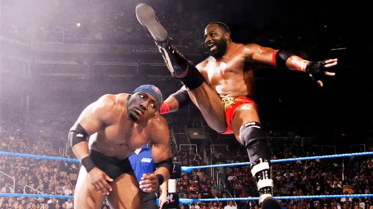 Fletcher Cox (Eagles) as Booker T (guy on RIGHT) and Deebo Samuel (49ers) as bobby lashley (guy getting kicked