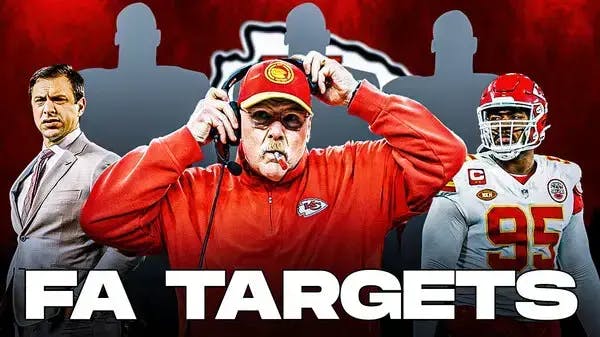 Coach Andy Reid, GM Brett Veach, Chris Jones, three other mystery players all beside each other Kansas City Chiefs wallpaper in the background