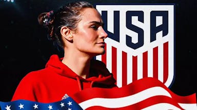Emily Fox in front of the USWNT logo