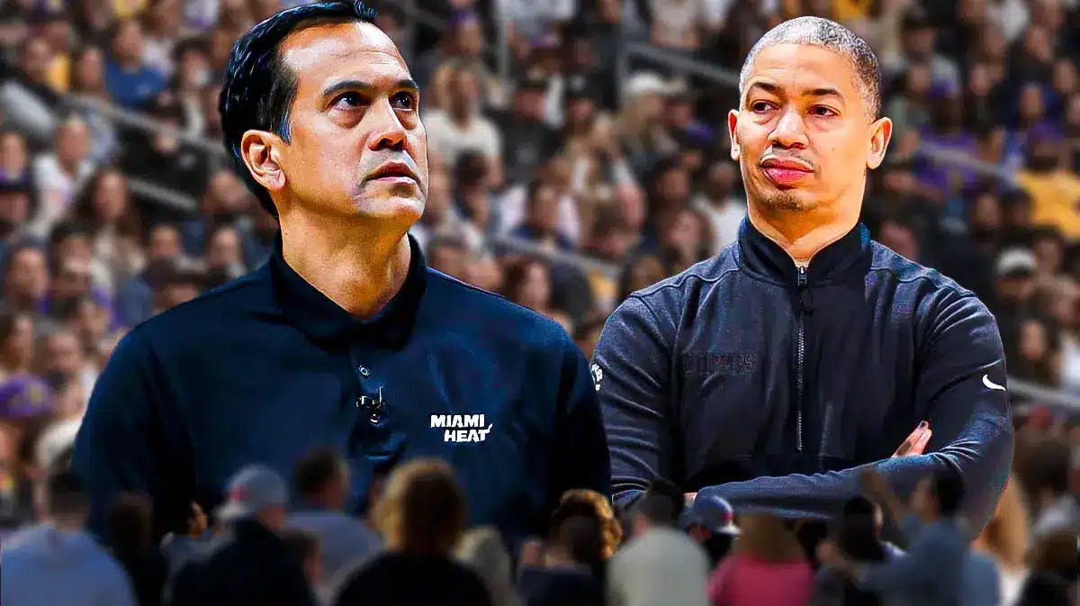 Miami Heat head coach Erik Spoelstra and Los Angeles Clippers head coach Ty Lue in front of the Kaseya Center.