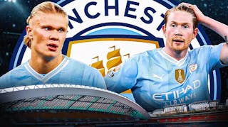 Erling Haaland and Kevin De Bruyne in front of the Manchester City logo