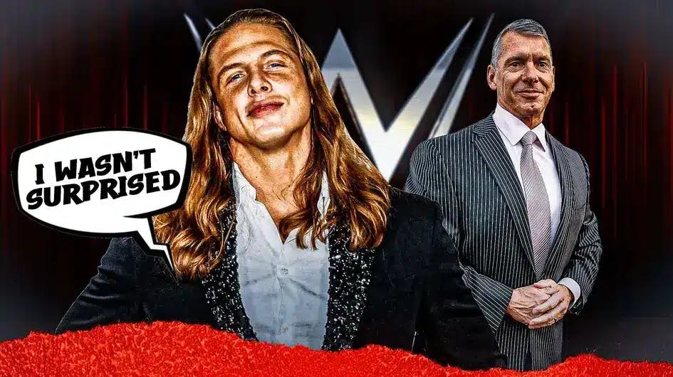 Matt Riddle with a text bubble reading “ I wasn’t surprised” next to Vince McMahon with the WWE logo as the background.