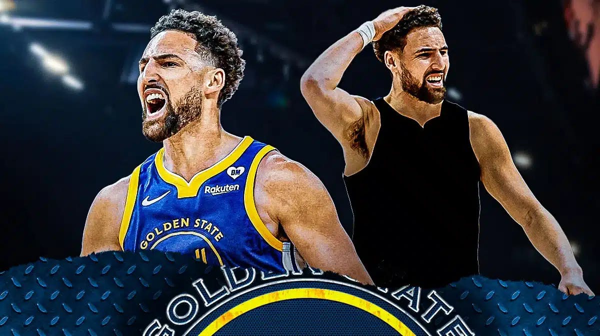 A double image of Klay Thompson, one of him in his current Warriors jersey and the other of him in a blank jersey, free agency