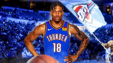 Keyontae Johnson in his OKC Thunder jersey with the Thunder arena in the background