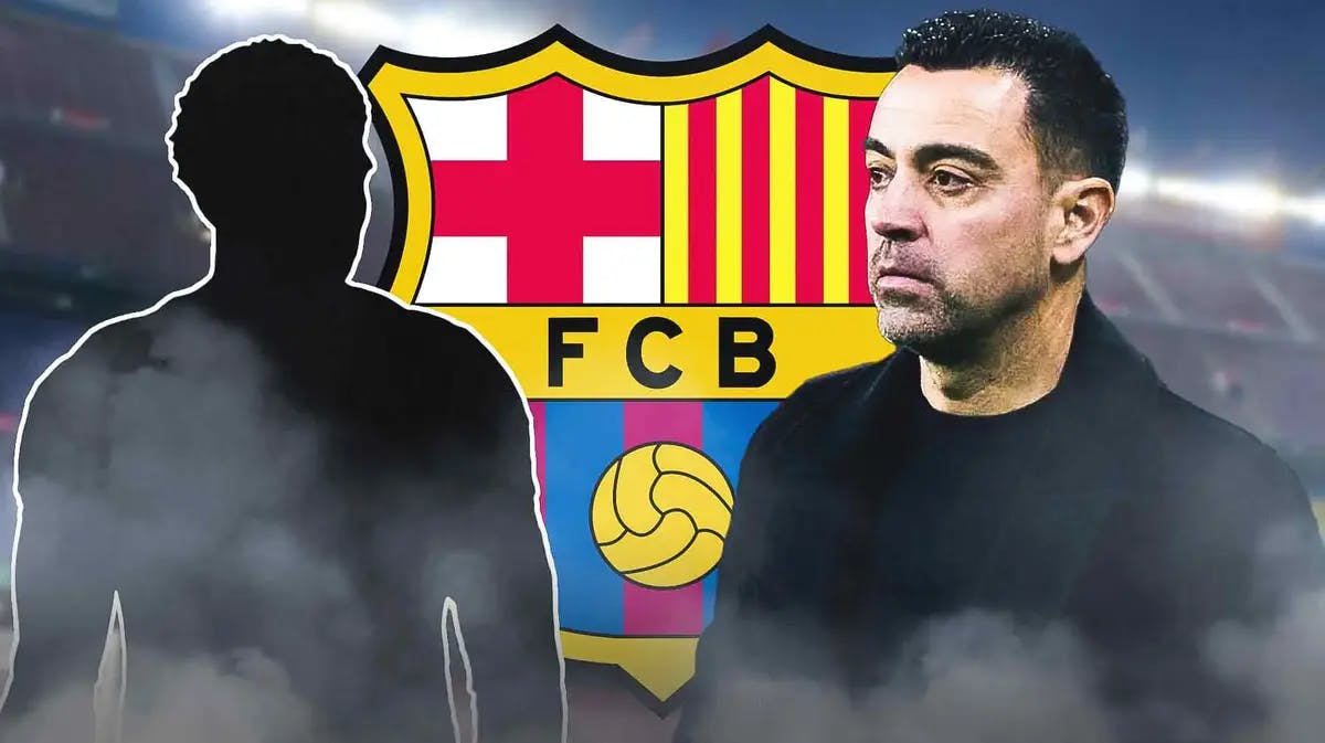 Xavi in front of the Barcelona logo, the silhouette of Ronald Araujo next to him