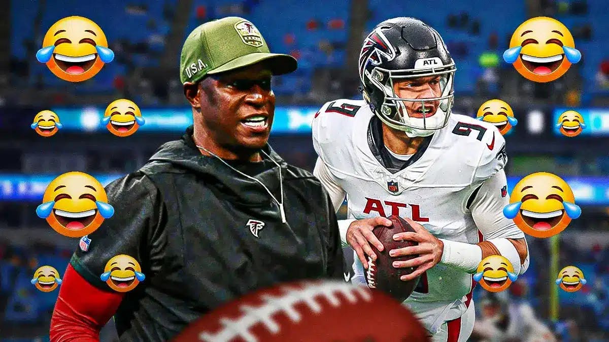 Falcons' Raheem Morris and Desmond Ridder, surrounded by laughing emojis
