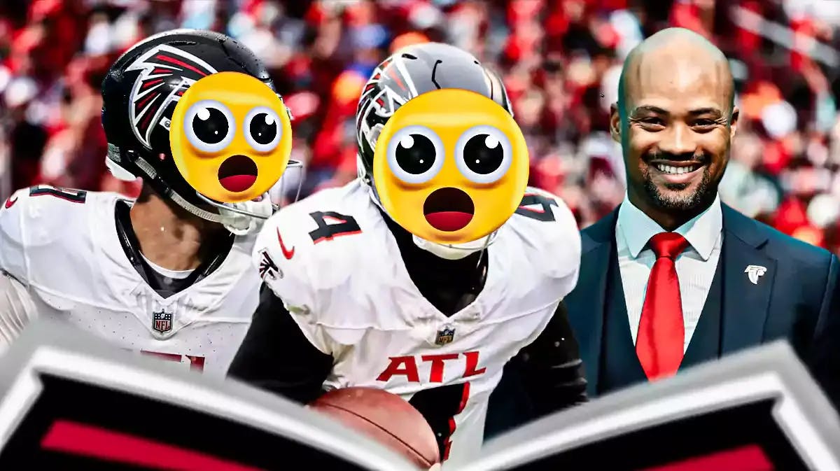 Terry Fontenot on one side, Desmond Ridder and Taylor Heinicke on the other side with the big eyes emoji over their faces. Falcons QB