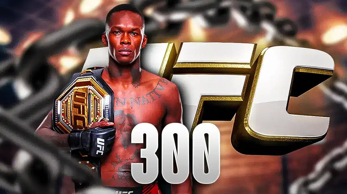 Israel Adesanya in front of the UFC logo with a ‘300’ in front of him