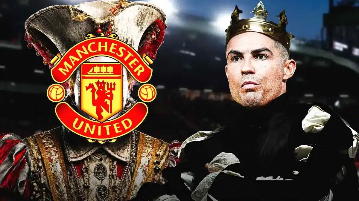 Cristiano Ronaldo as a king, the Manchester United logo over the head of a court jester next to him