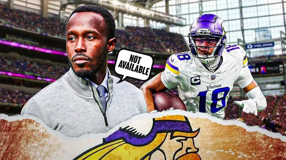 Vikings GM Kwesi Adofo-Mensah next to Justin Jefferson with a “NOT AVAILABLE” speech bubble