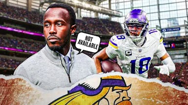 Vikings GM Kwesi Adofo-Mensah next to Justin Jefferson with a “NOT AVAILABLE” speech bubble