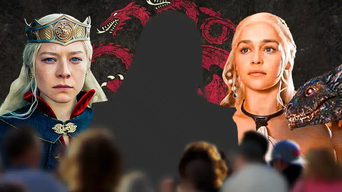 Emma D'Arcy as Rhaenyra Targaryen, Emilia Clarke as Danaerys Targaryen, a man's silhouette in the middle; House Targaryen coat of arms as background