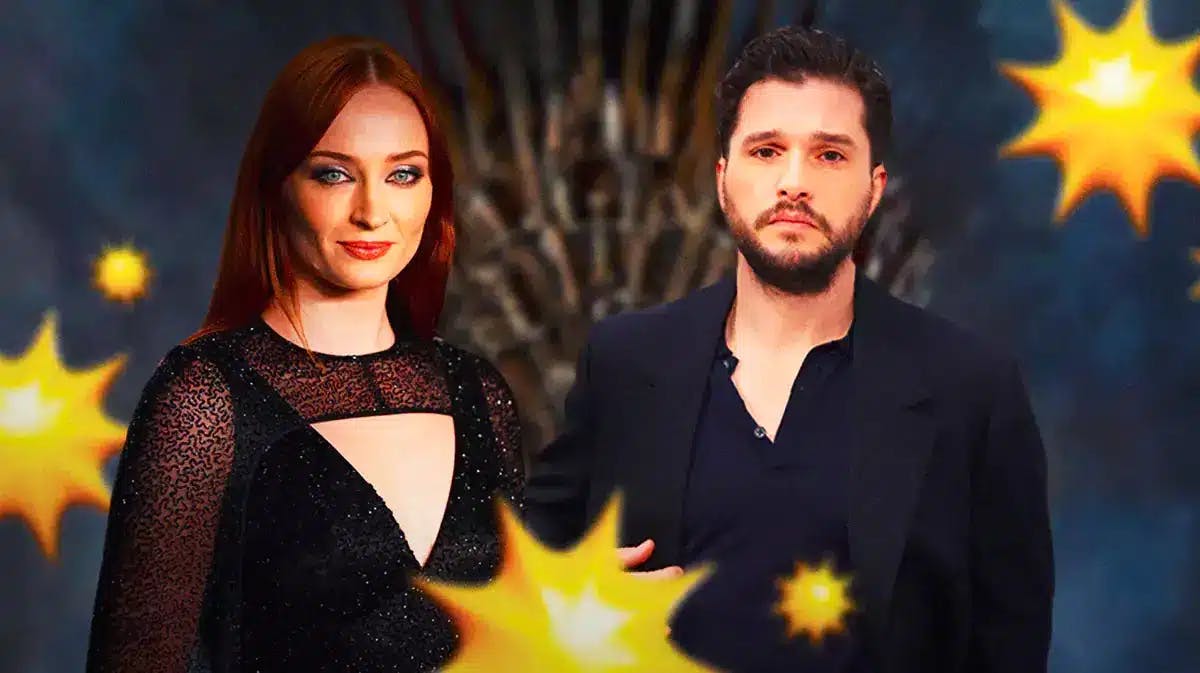 Sophie Turner and Kit Harrington with Game of Thrones background.