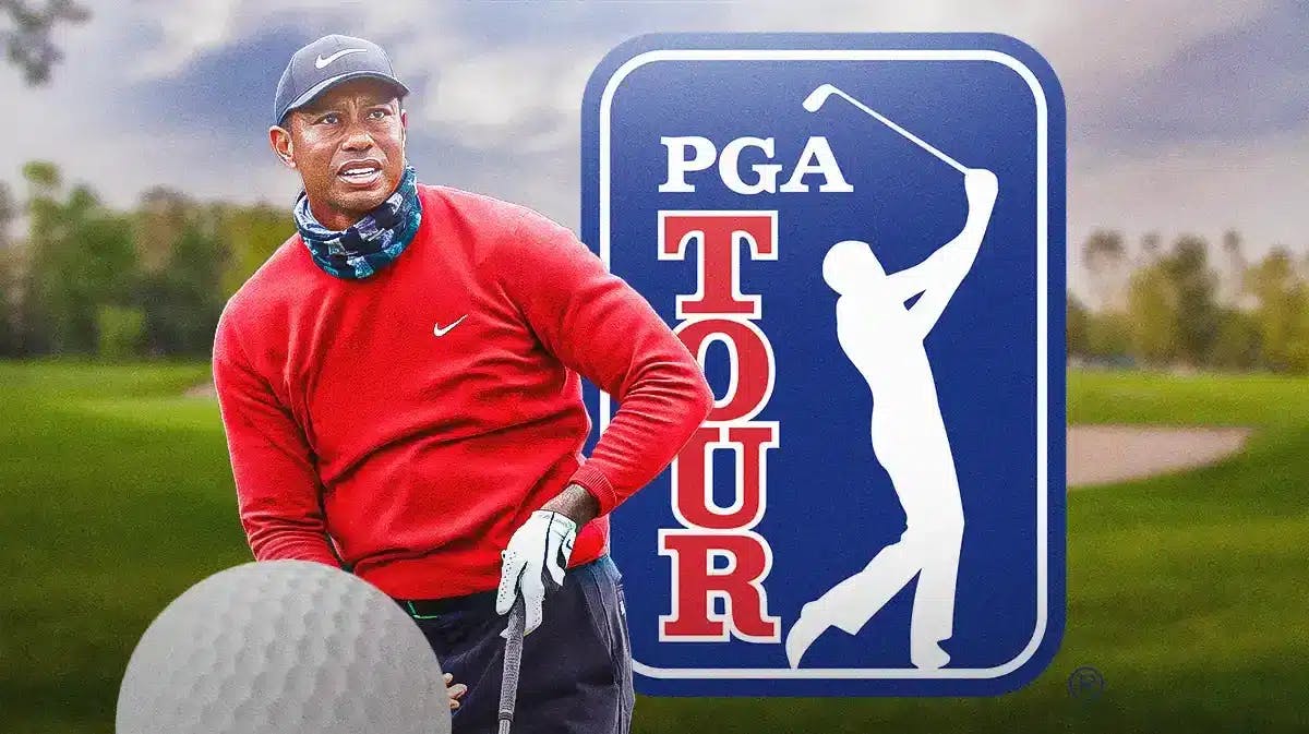Tiger Woods next to the PGA Tour logo