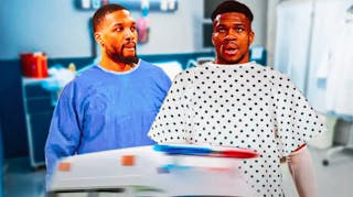Damian Lillard and Giannis Antetokounmpo of the Bucks both wearing hospital gowns