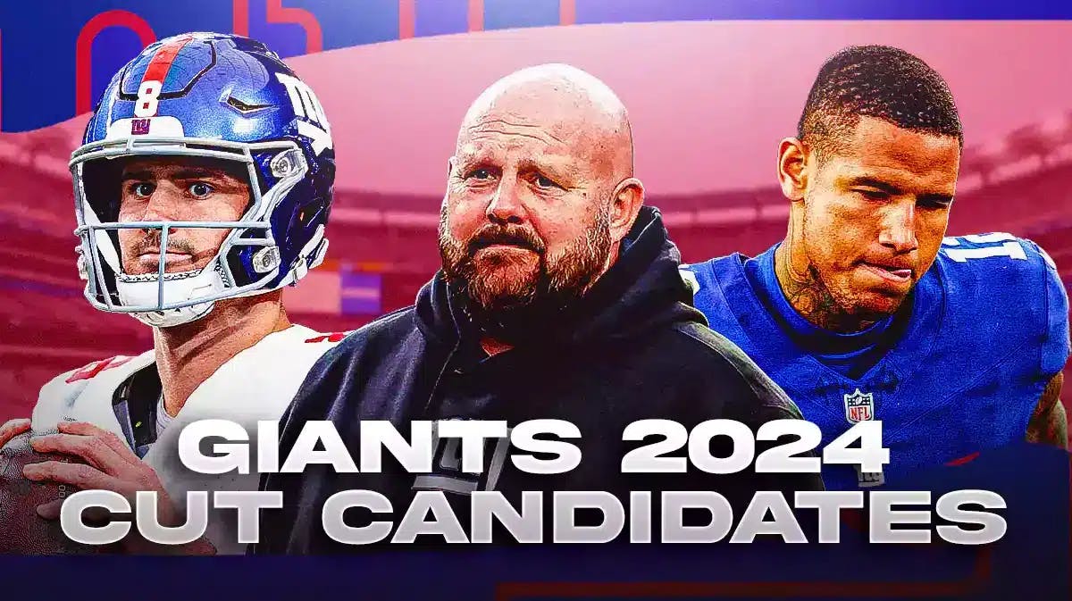 NY Giants head coach Brian Daboll in middle of image, with QB Daniel Jones on image left and TE Darren Waller on image right. Text graphic on bottom of image that reads “Giants 2024 Cut Candidates”