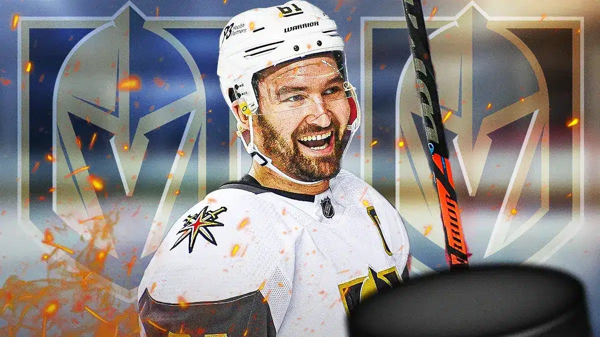 Mark Stone in middle of image looking happy with fire around him, Vegas Golden Knights logo, hockey rink in background