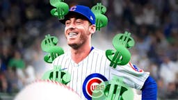 Cubs' Cody Bellinger with dollar signs falling down all around him. Have Bellinger smiling in Cubs uniform.