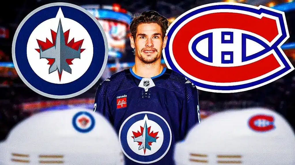 Sean Monahan jersey swapped into a Winnipeg Jets jersey. Please include the Jets logo and Montreal Canadiens logo behind him. Please use an image of the Jets' home rink as the background image.