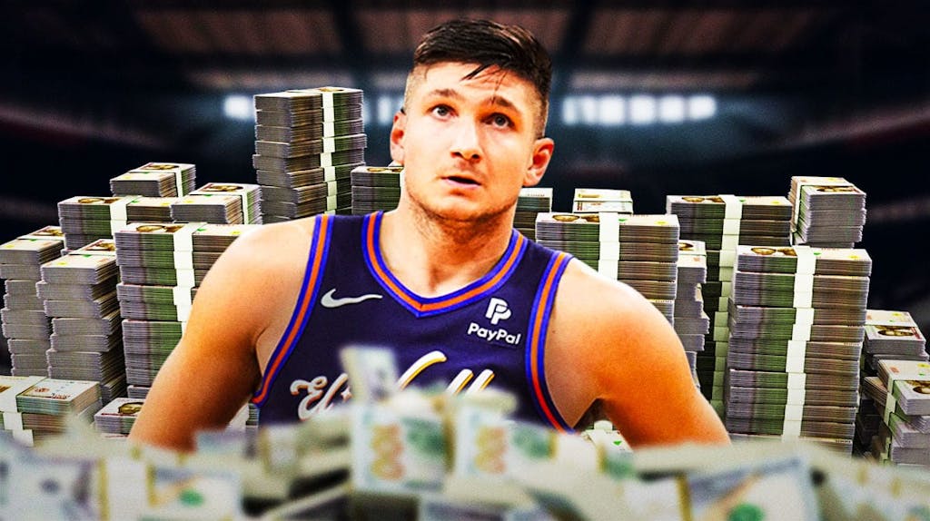Grayson Allen surrounded by piles of cash.
