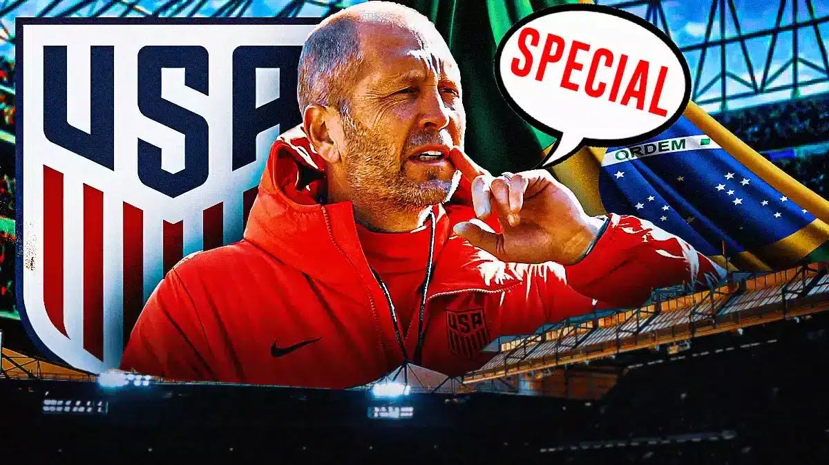 Gregg Berhalter saying: ‘Special’ in front of the USMNT logo and Brazilian flag
