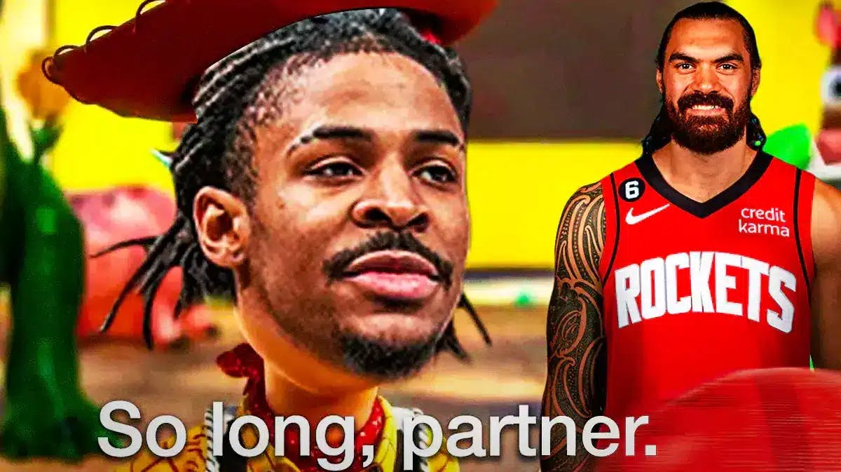 Grizzlies' Ja Morant as Woody in the so long, partner meme while looking at Steven Adams in a Rockets uniform