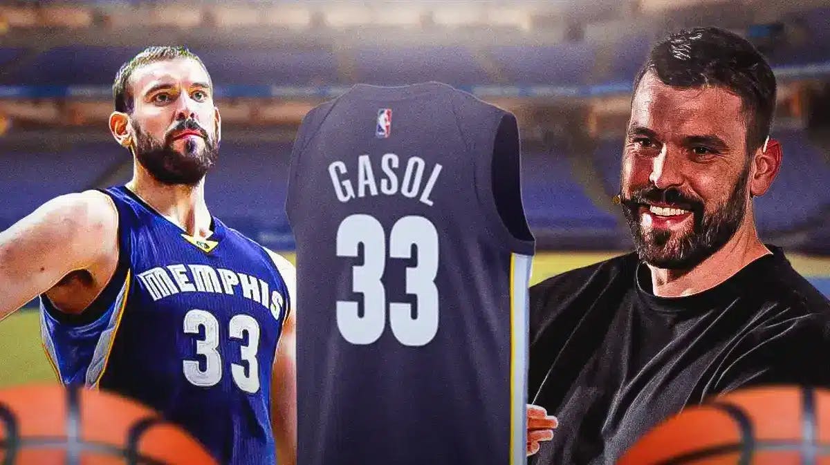 Marc Gasol (current) smiling, with a picture of him (Grizzlies version 2016) doing the Connor McGregor celebration on the side, and a picture of his jersey (Grizzlies 33) in the middle