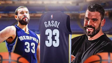 Marc Gasol (current) smiling, with a picture of him (Grizzlies version 2016) doing the Connor McGregor celebration on the side, and a picture of his jersey (Grizzlies 33) in the middle
