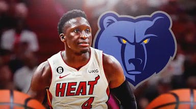 Former Rockets guard Victor Oladipo stands next to Grizzlies logo after Steven Adams trade