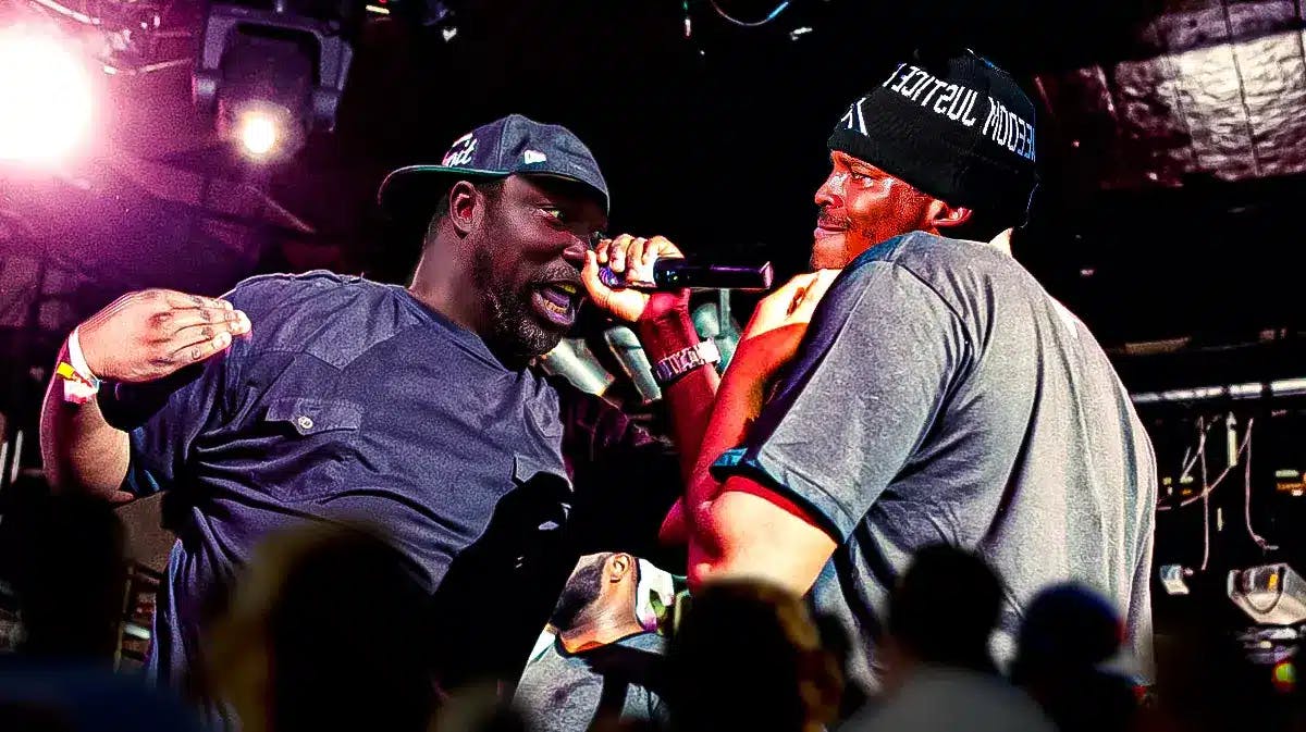 Warren Sapp (former NFL player) WITH THE MIC in a battle rap with Cam Newton as the guy on the RIGHT, 49ers