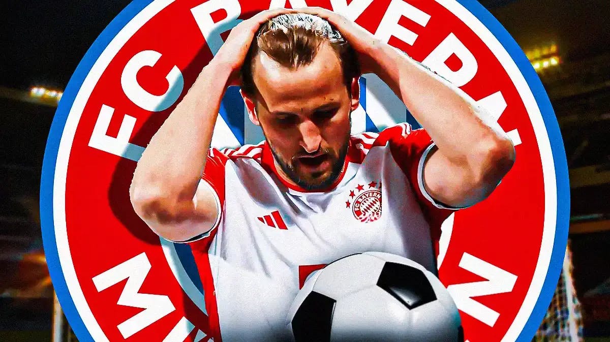 Harry Kane looking down/sad in front of the Bayern Munich logo