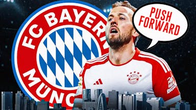 Harry Kane saying: ‘Push forward’ in front of the Bayern Munich logo