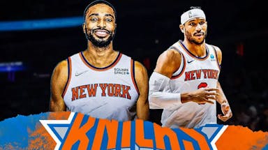 Josh Hart opposite Mikal Bridges, have Bridges in a Knicks jersey with the Knicks arena in the background