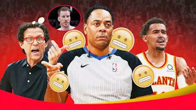 Referee Karl Lane with the grimace emojis all over him, with Hawks' Quin Snyder and Trae Young angry, with a thought bubble on Snyder with Raptors' Jakob Poeltl’s picture