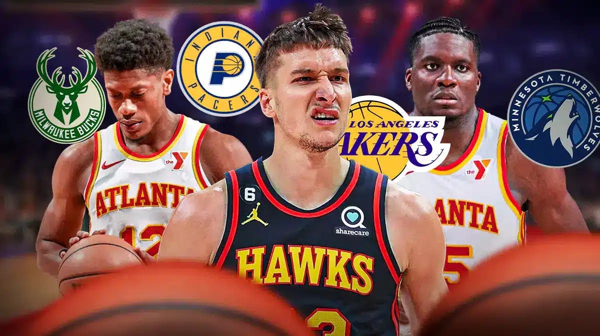 Hawks' Bogdan Bogdanovic, De’Andre Hunter, and Clint Capela all looking serious, with the Timberwolves, Lakers, Pacers, Bucks logos around them