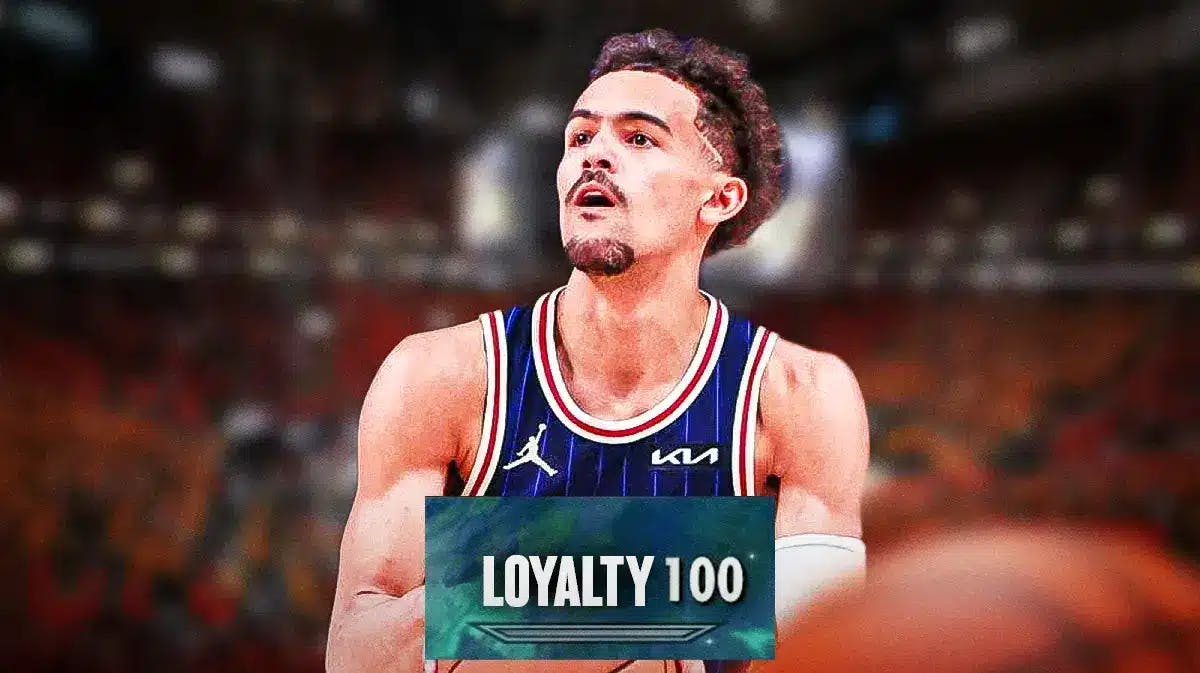 Hawks' Trae Young action shot with a text that reads: "Loyalty 100" just like in the game Skyrim