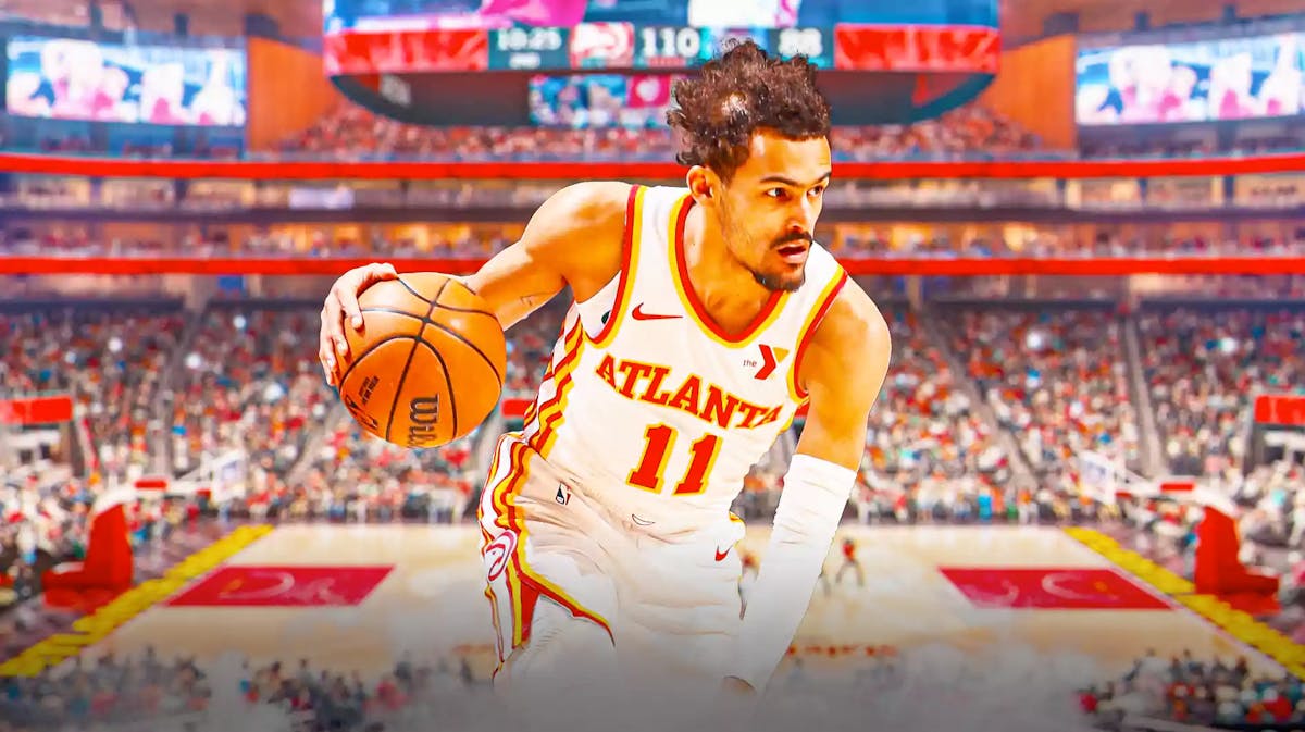 Trae Young with the Hawks arena in the background, injury