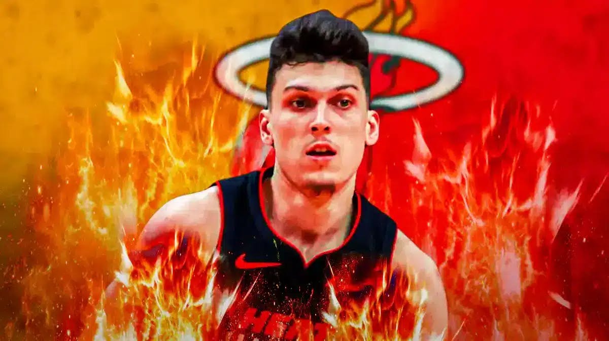 Miami Heat star Tyler Herro in front of fire and the logo of the team he plays for.