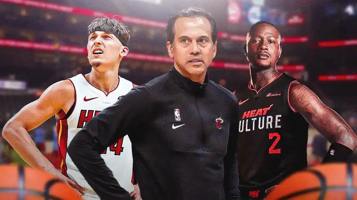 Miami Heat head coach Erik Spoelstra with stars Terry Rozier and Tyler Herro in front of the Kaseya Center.
