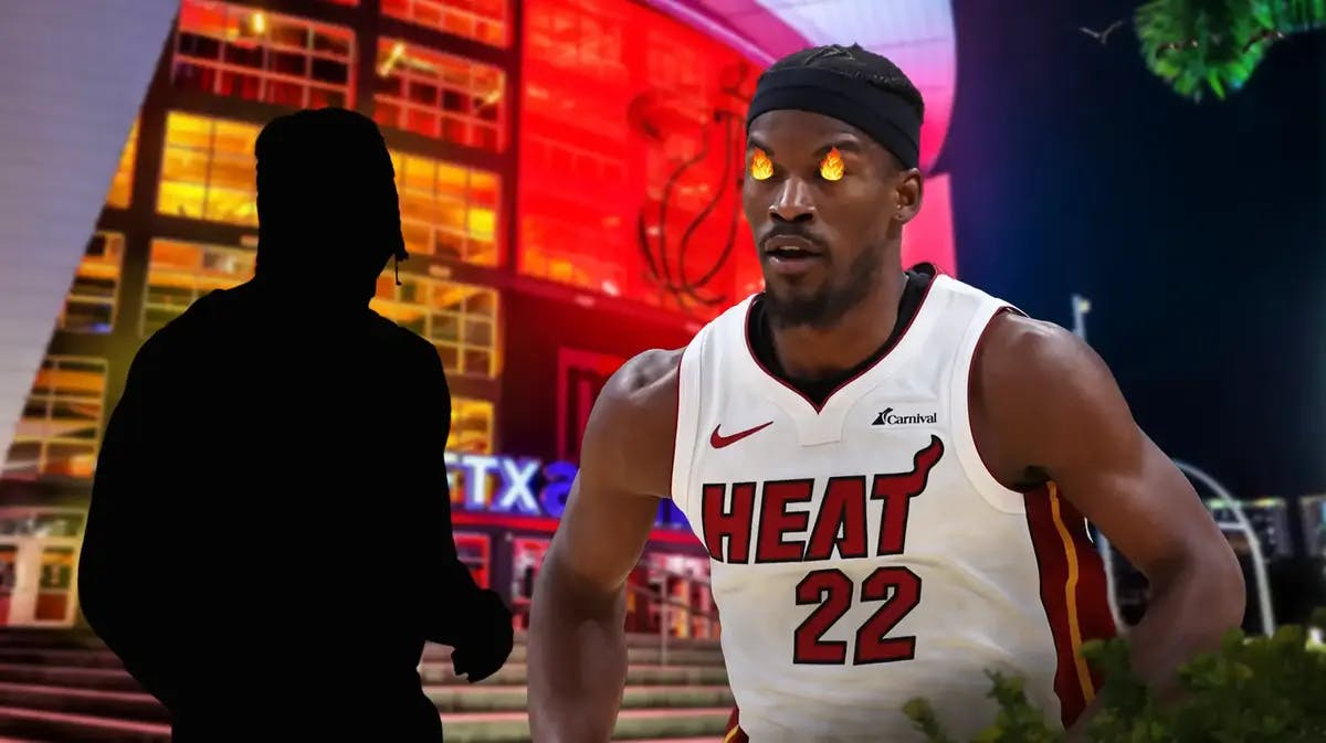 Jimmy Butler with fire in his eyes alongside silhouette of Alondes Williams