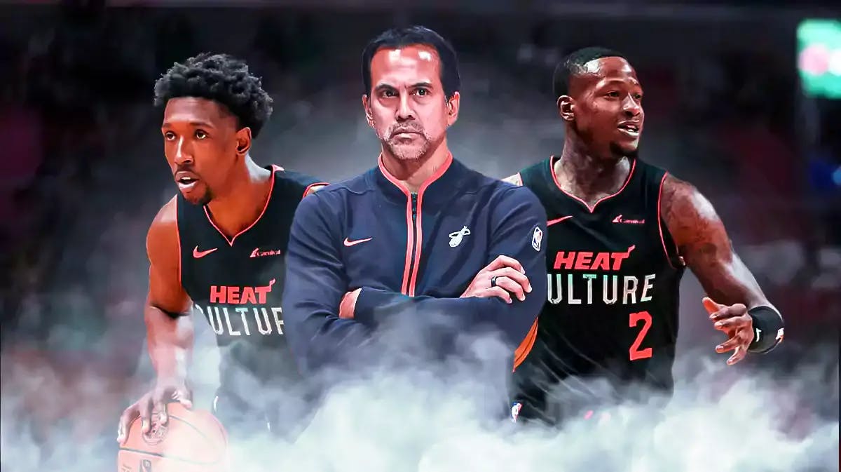 Miami Heat head coach Erik Spoelstra in the middle of star Terry Rozier and Josh Richardson in front of the Kaseya Center.
