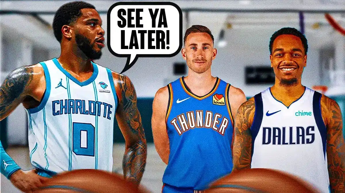 Miles Bridges on one side with a speech bubble that says “See ya later!” P.J. Washington in a Dallas Mavericks uniform and Gordon Hayward in an Oklahoma City Thunder uniform on the other side