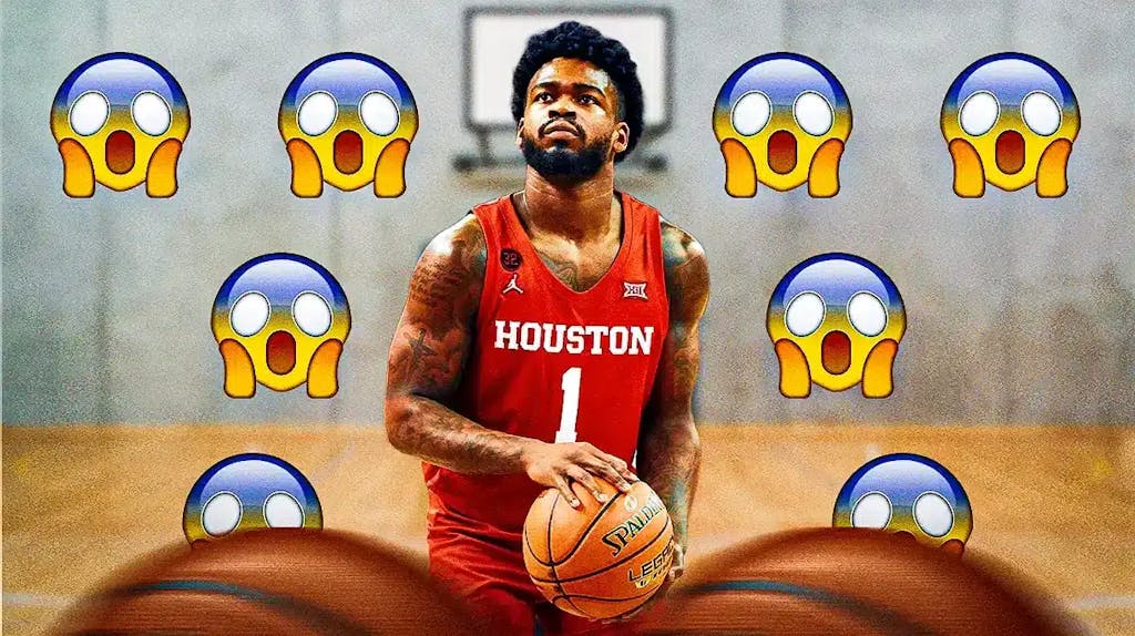 Photo: Jamal Shead shooting in Houston basketball jersey, have shocked emojis all around him